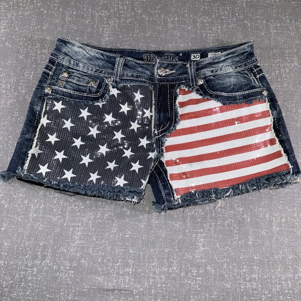 Miss Me Womens 30 Blue Denim American Flag Sequin Cutoff Shorts JP6178H2
